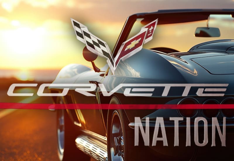 Sunset and classic corvette convertible with Season 2 Corvette Nation Logo